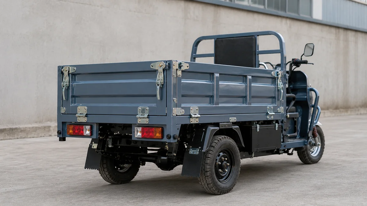 Hinges, latches and stamped body hardware applied to an electric cargo three-wheeler