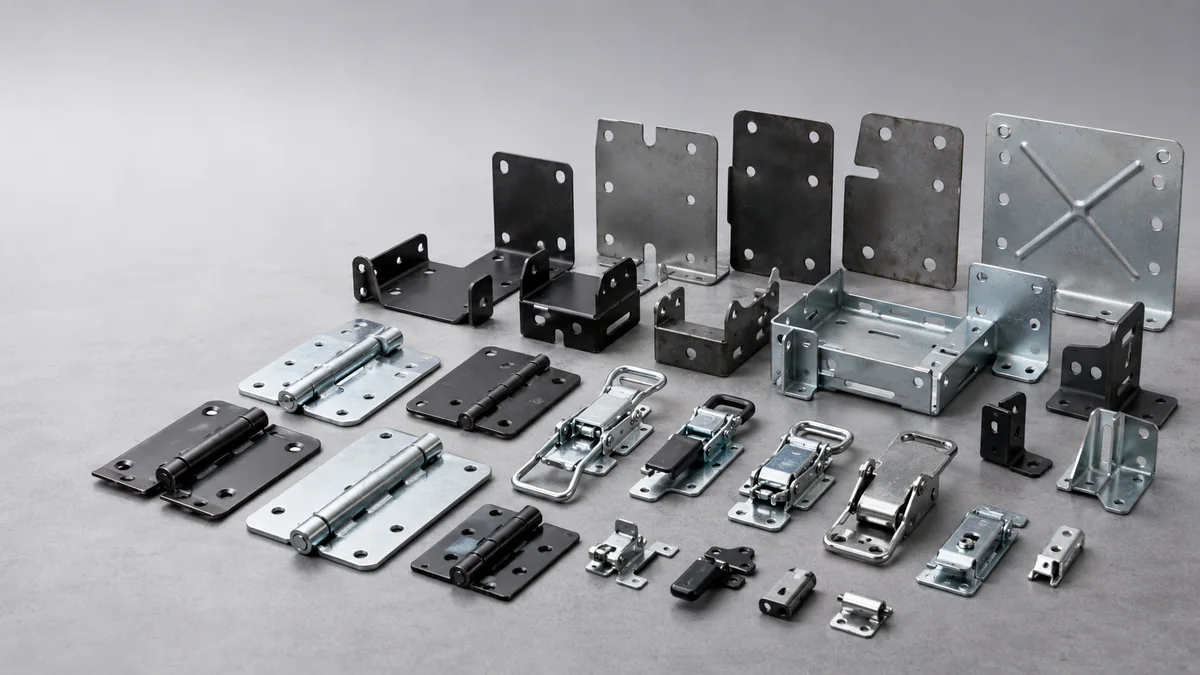 Carbon steel hinges, latches, brackets and stamped body hardware for three-wheeler assembly